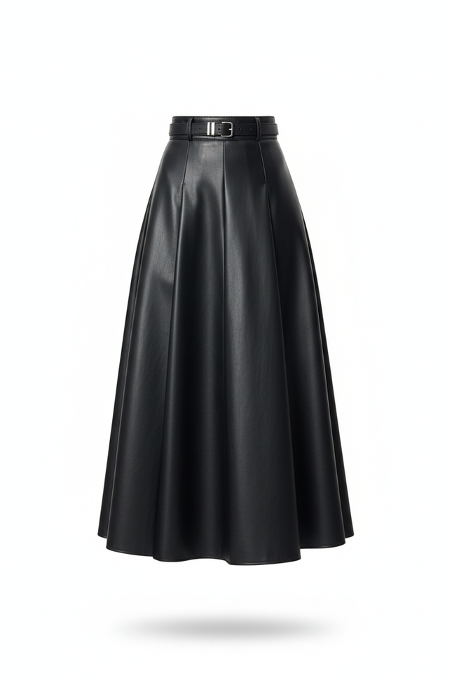 Jupe Longue Noir Similicuir Plissée