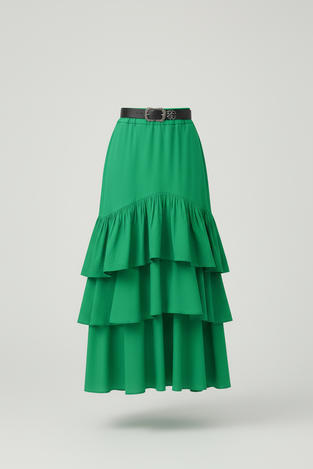 Jupe Longue Élégante Verte À Volants