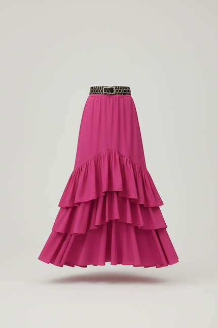 Jupe Longue Rose Fuchsia Élégante À Volants
