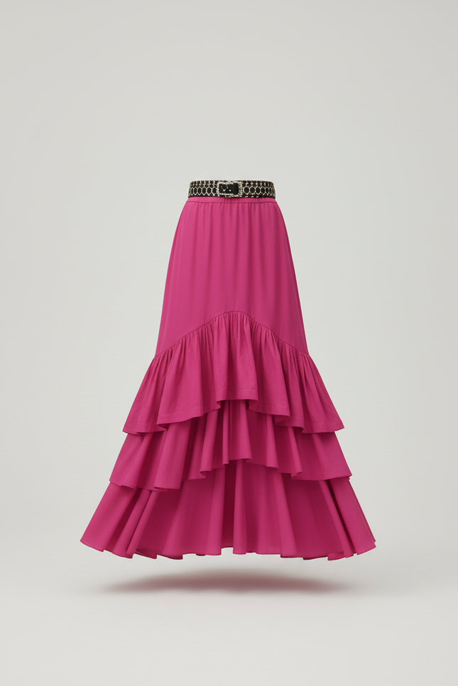 Jupe Longue Rose Fuchsia Élégante À Volants