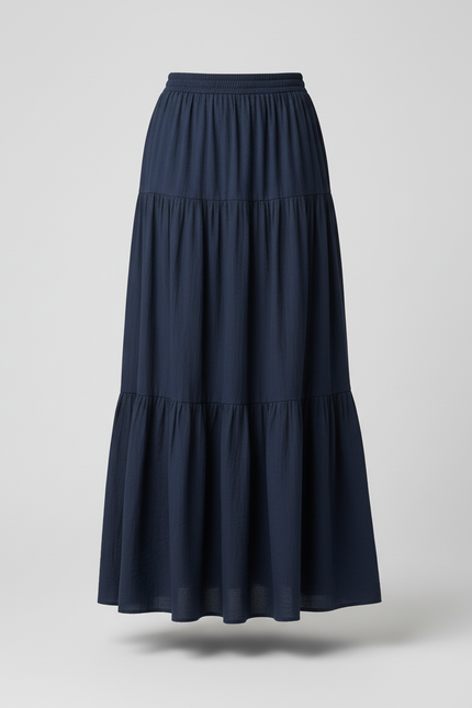 Jupe Longue Bleu Marine À Volants Fluide