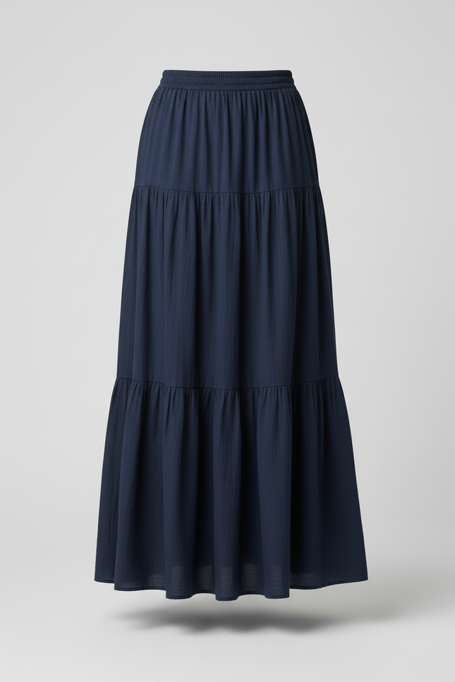 Jupe Longue Bleu Marine À Volants Fluide