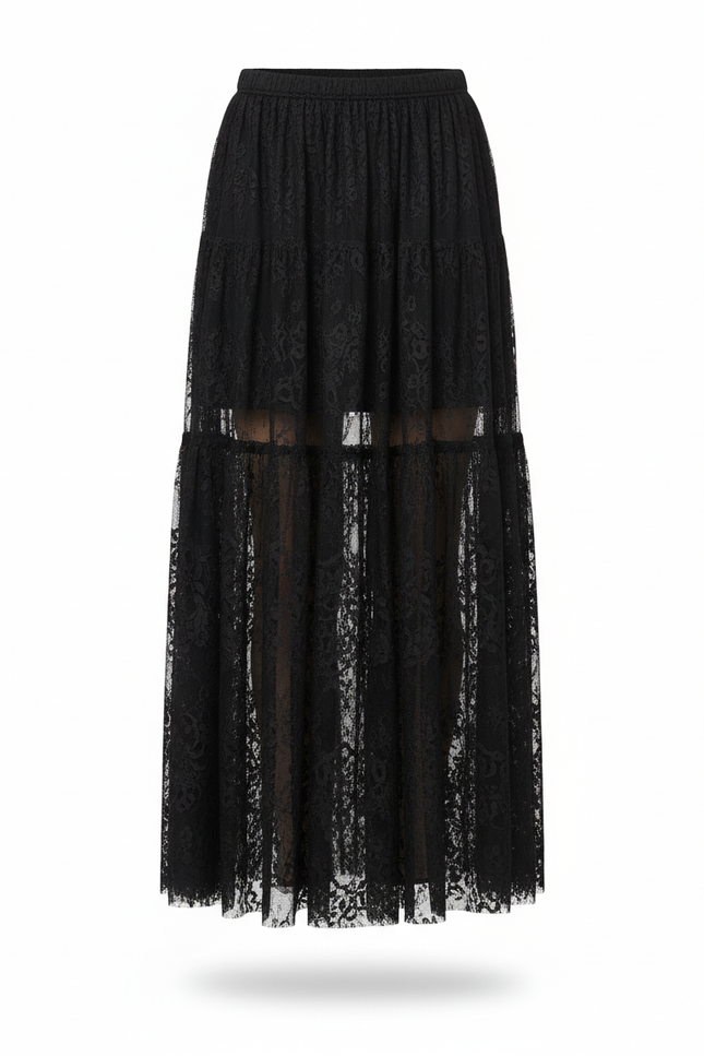 Jupe Longue Dentelle Noire Transparente Élégante Chic