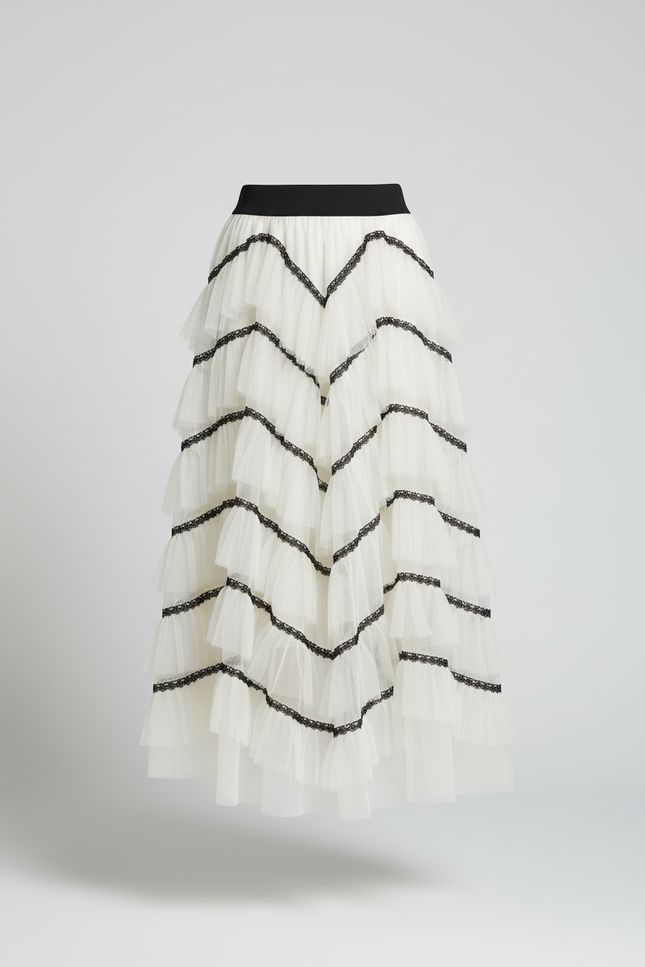 Jupe Longue Tulle Volants Contrastés Chic