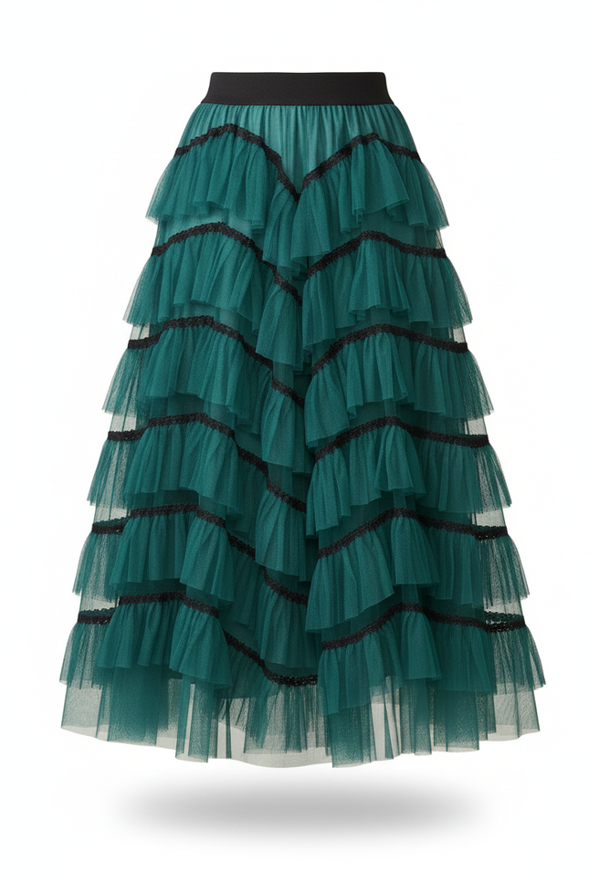 Jupe Longue Vert Émeraude Volants Chic
