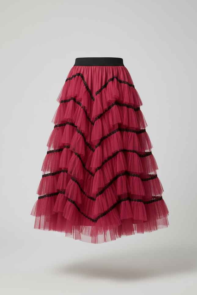 Jupe Longue Rose Fuchsia Volants Noirs Chic