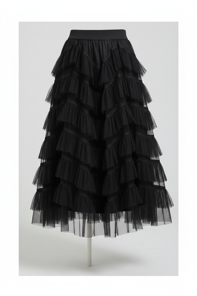 Jupe Longue Noire À Volants Chic Élégante