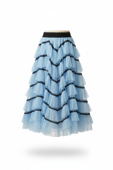 Jupe Longue Bleu Ciel Volants Chic