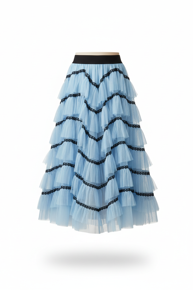 Jupe Longue Bleu Ciel Volants Chic