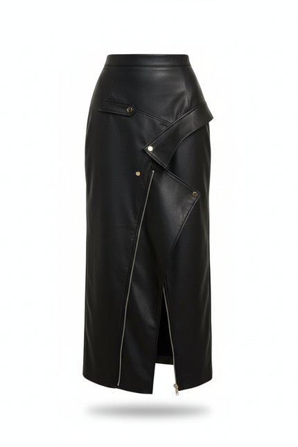 Jupe Longue Cuir Noir Asymétrique Chic