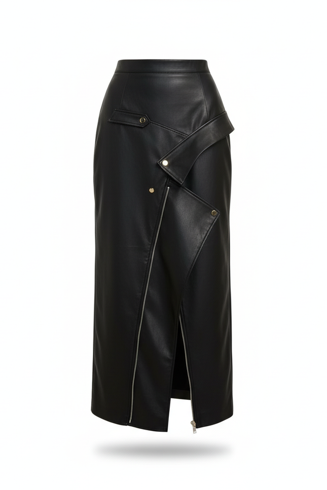 Jupe Longue Cuir Noir Asymétrique Chic