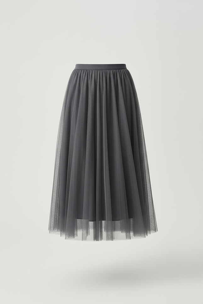 Jupe Longue Grise Tulle Plissée