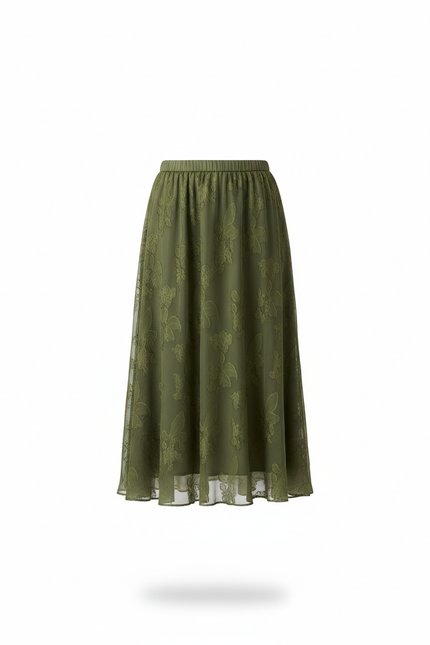 Jupe Longue Vert Olive Motif Floral Fluide