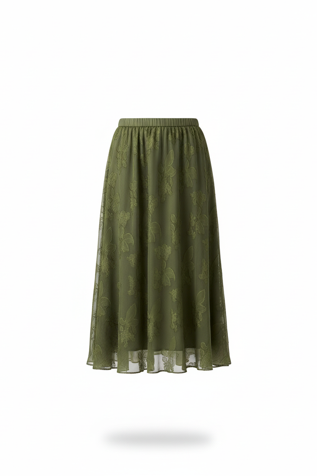Jupe Longue Vert Olive Motif Floral Fluide