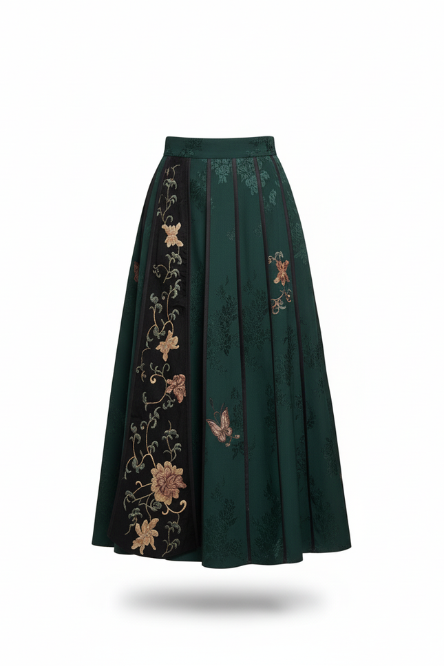 Jupe Longue Verte Brodée Florale Élégante