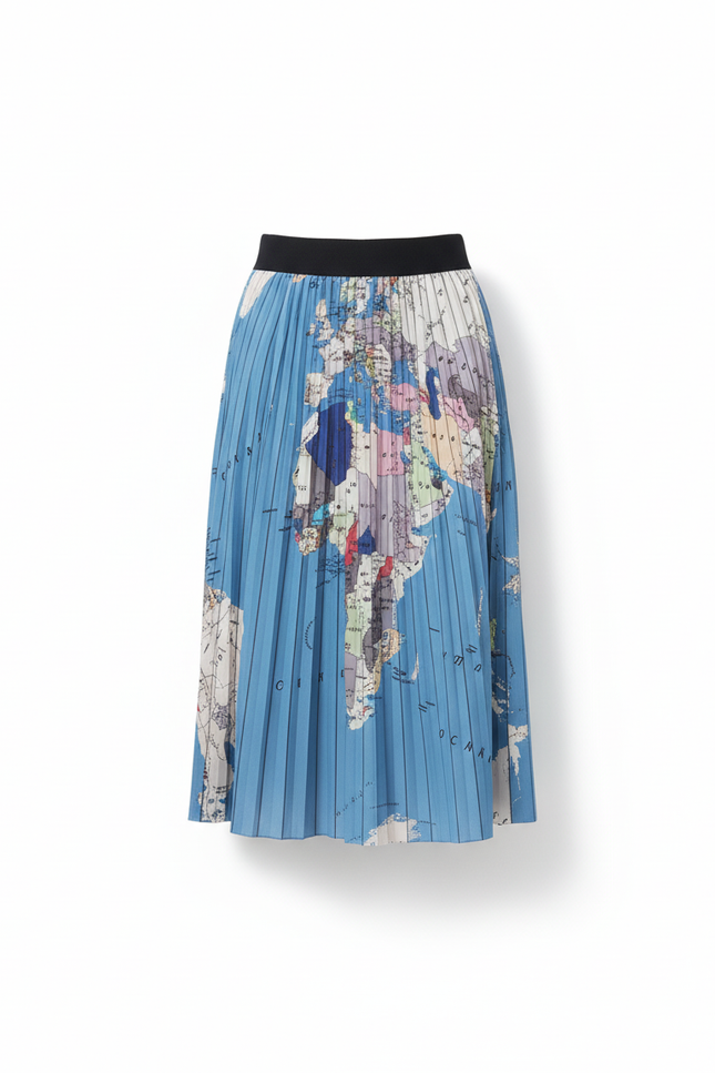 Jupe Longue Plissée Imprimé Carte Fluide