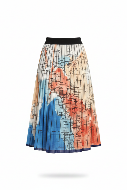 Jupe Longue Plissée Imprimé Carte Chic