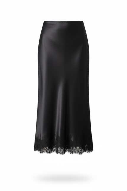 Jupe Longue Satin Noire Dentelle Élégante