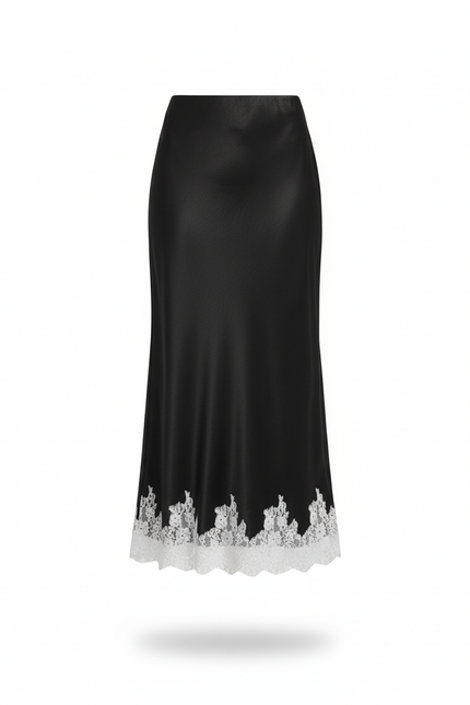 Jupe Longue Noire Satin Dentelle Élégante