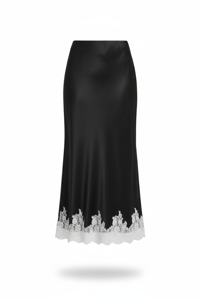 Jupe Longue Noire Satin Dentelle Élégante