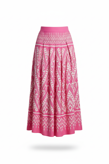 Jupe Longue Rose Imprimée Ikat Élégante