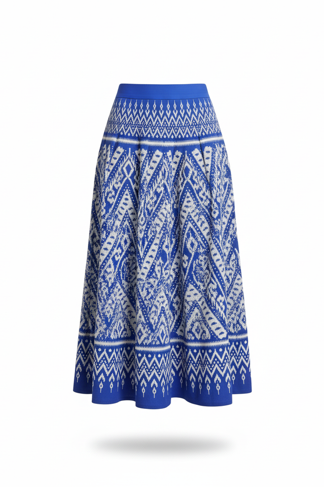 Jupe Longue Plissée Bleue Motif Ikat