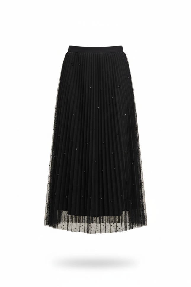 Jupe Longue Noire Plissée Perlée Élégante