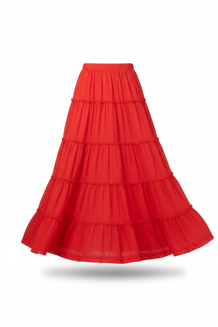 Jupe Longue Rouge À Volants Fluide