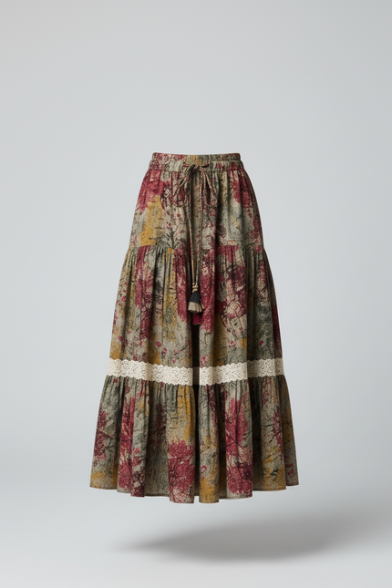 Jupe Longue Imprimée À Volants Bohème