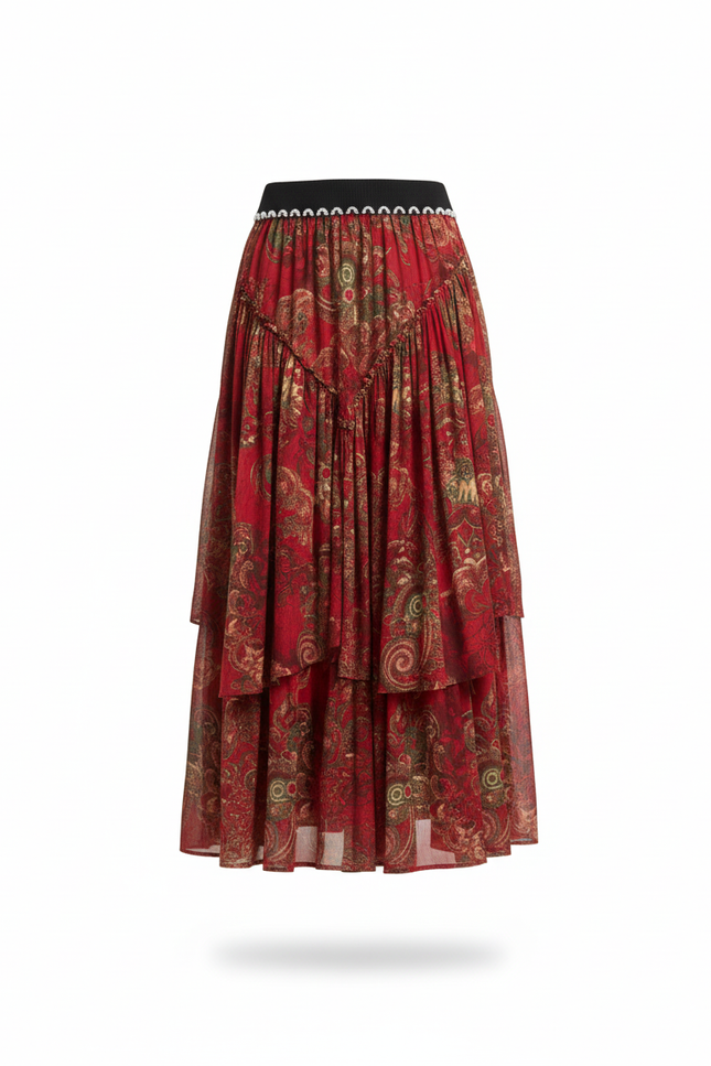 Jupe Longue Rouge À Volants Bohème