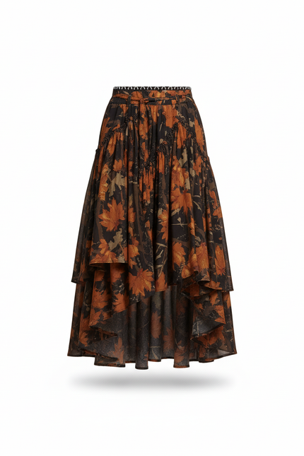 Jupe Longue Motif Feuilles Asymétrique Vintage