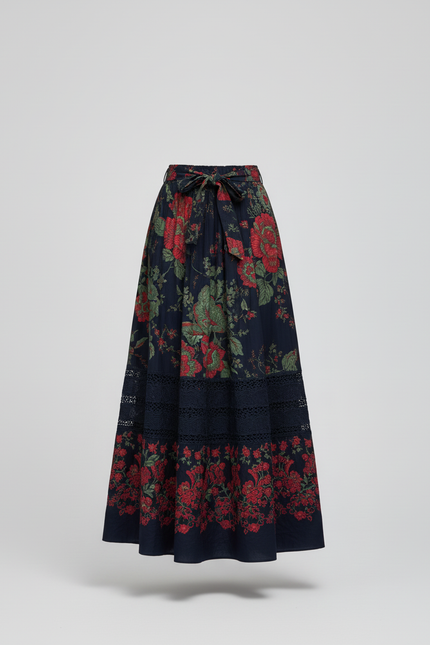 Jupe Longue Imprimé Floral Bleu Marine Vintage