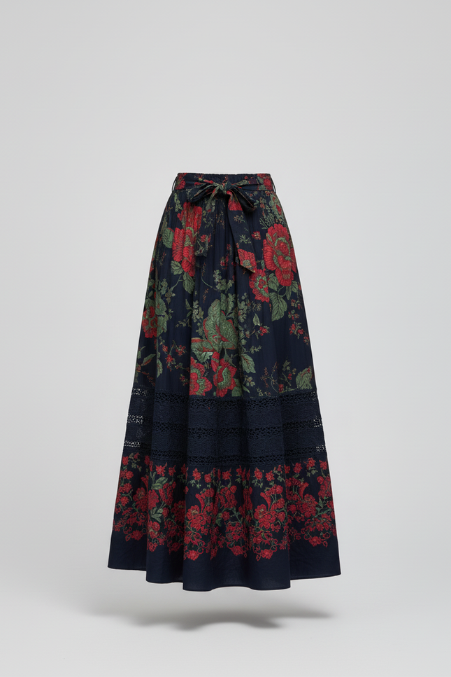 Jupe Longue Imprimé Floral Bleu Marine Vintage