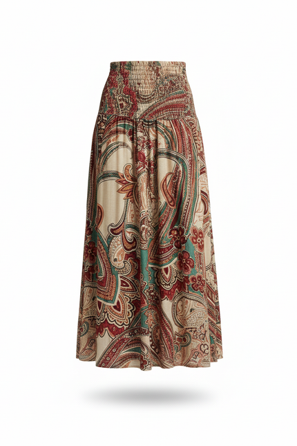 Jupe Longue Bohème Motif Floral Smockée