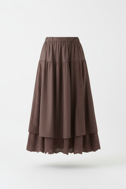 Jupe Longue Marron Dentelle Fluide