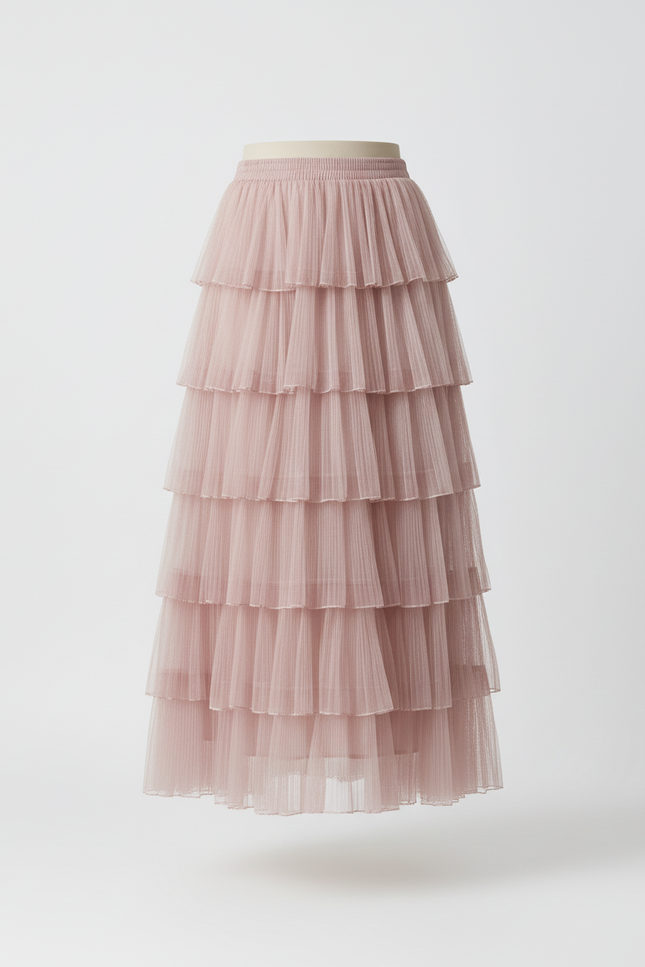 Jupe Longue Rose Pâle Plissée Élégante Chic