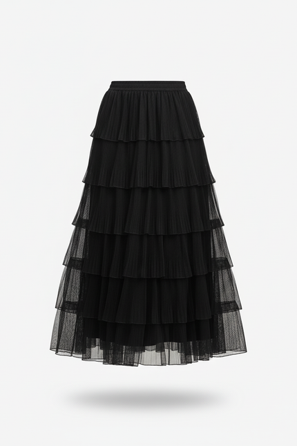 Jupe Longue Noire Plissée Élégante Mode Femme