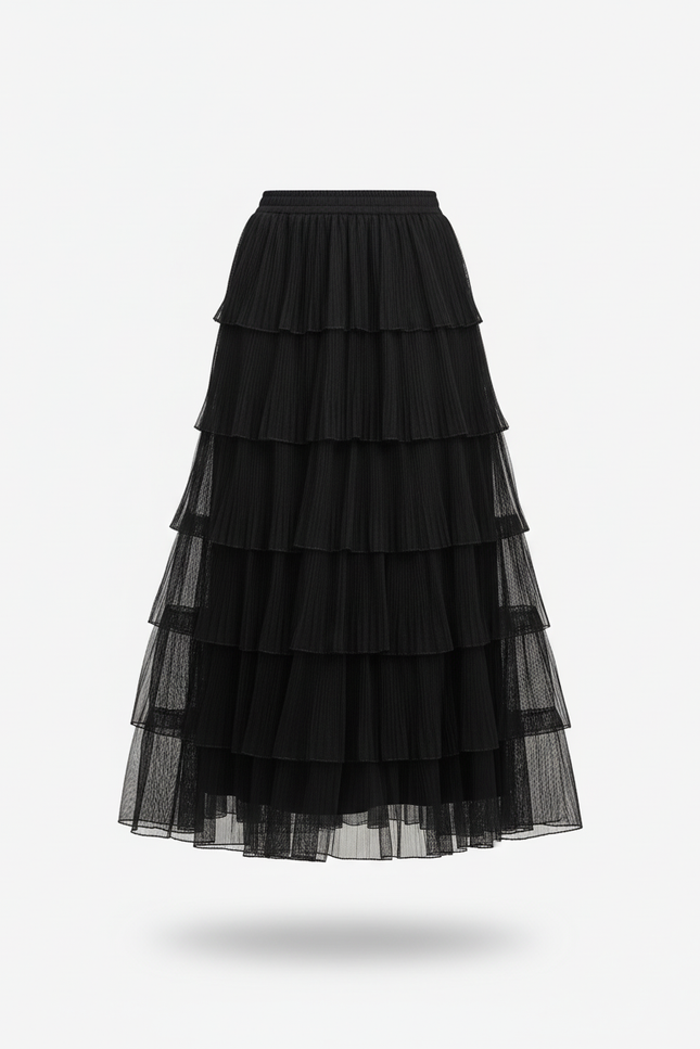 Jupe Longue Noire Plissée Élégante Mode Femme