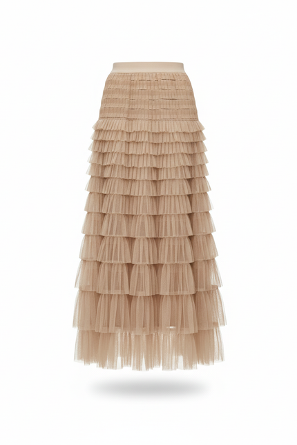 Jupe Longue Beige Tulle Superposée Élégante