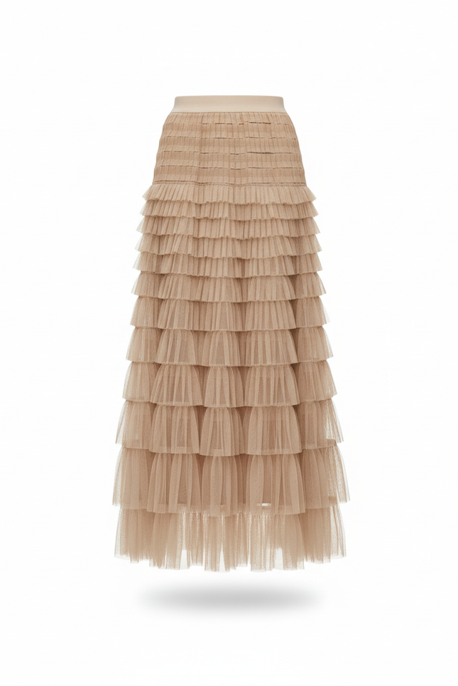 Jupe Longue Beige Tulle Superposée Élégante