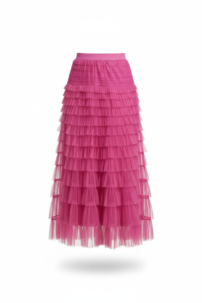 Jupe Longue Rose Fuchsia Volants Élégante