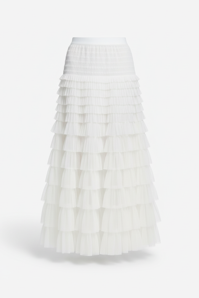 Jupe Longue Blanche Tulle Volants Élégante Mariage