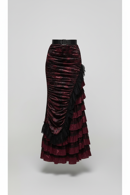 Jupe Longue Velours Bordeaux Volants Élégante