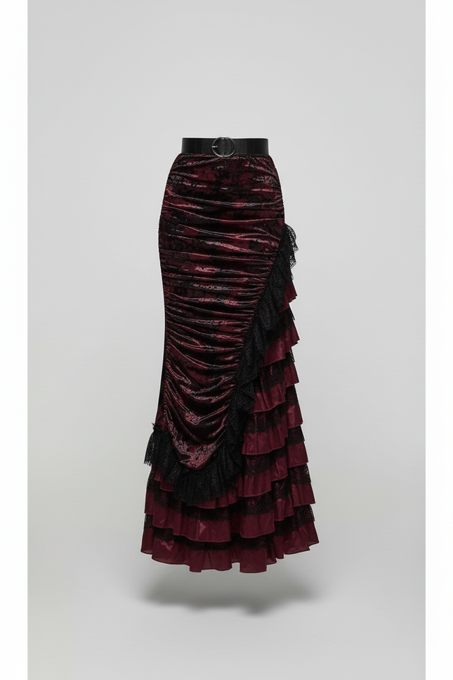 Jupe Longue Velours Bordeaux Volants Élégante