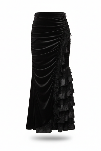 Jupe Longue Velours Noir Volants Dentelle Gothic