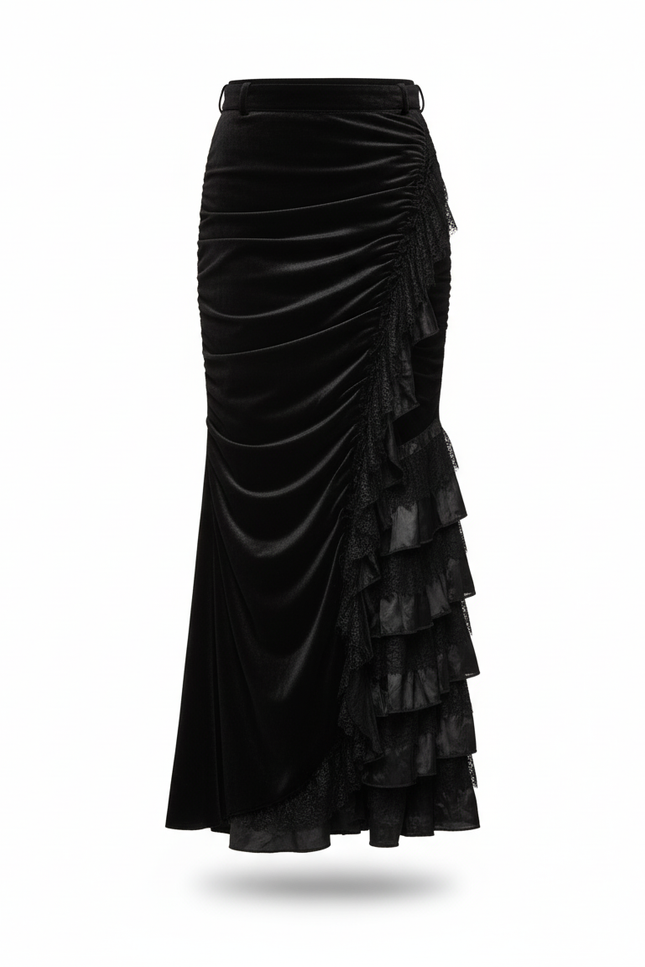 Jupe Longue Velours Noir Volants Dentelle Gothic