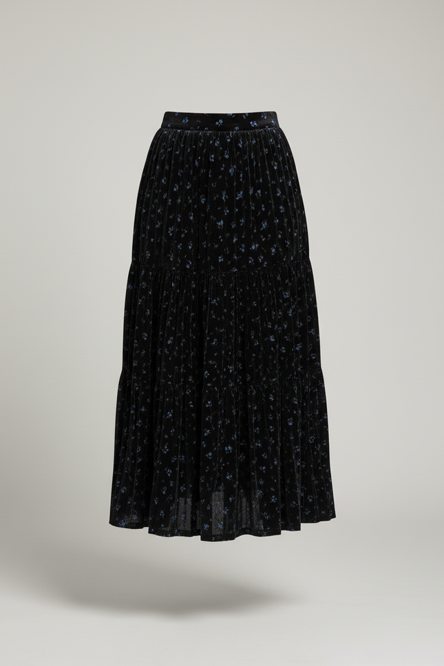 Jupe Longue Velours Floral Plissée