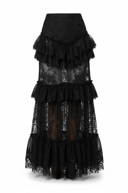 Jupe Longue Dentelle Noire À Volants Élégante