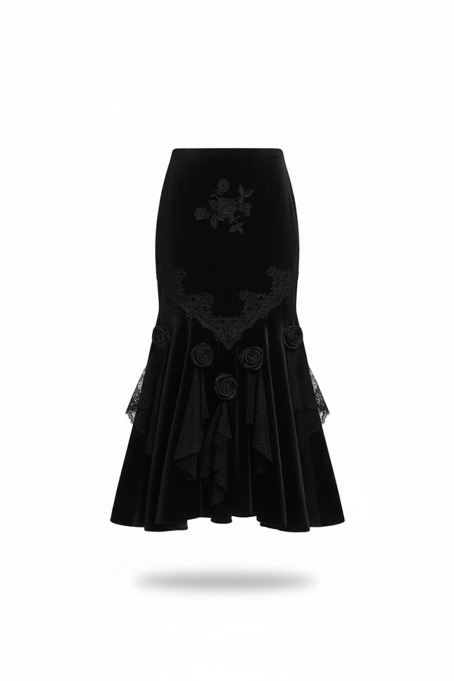 Jupe Longue Velours Brodé Élégante
