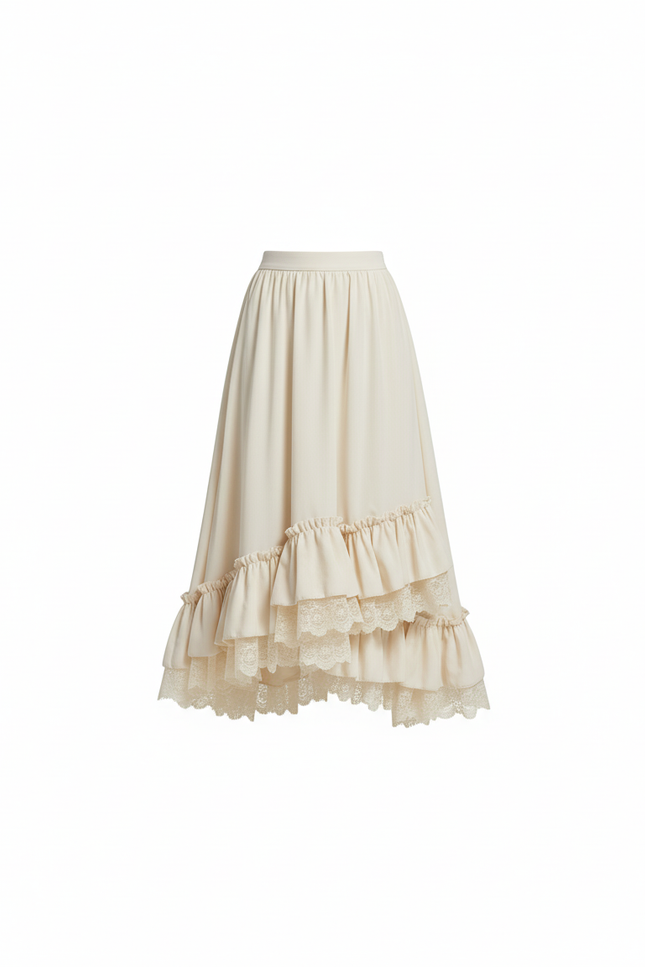 Jupe Longue Crème Volants Dentelle Élégante